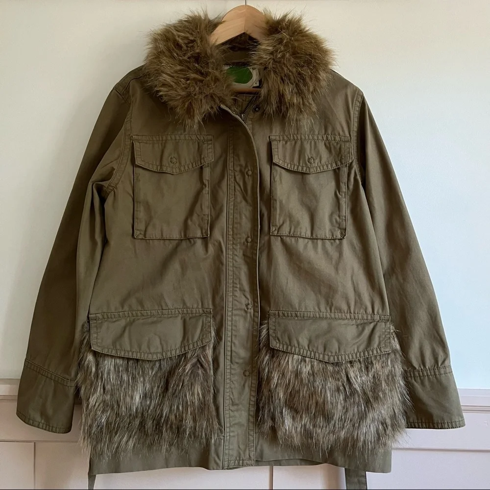 Anthropologie Faux Fur-Trimmed Field Parka Olive Green Jacket Women’s Medium - Picture 6 of 16